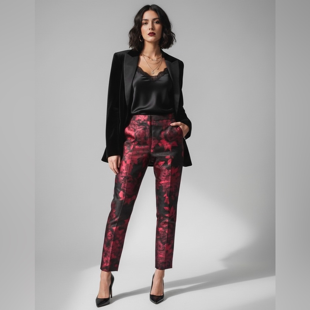 Talbots Red Black Floral Satin Tailored Trousers Whimsigoth Holiday Statement 6